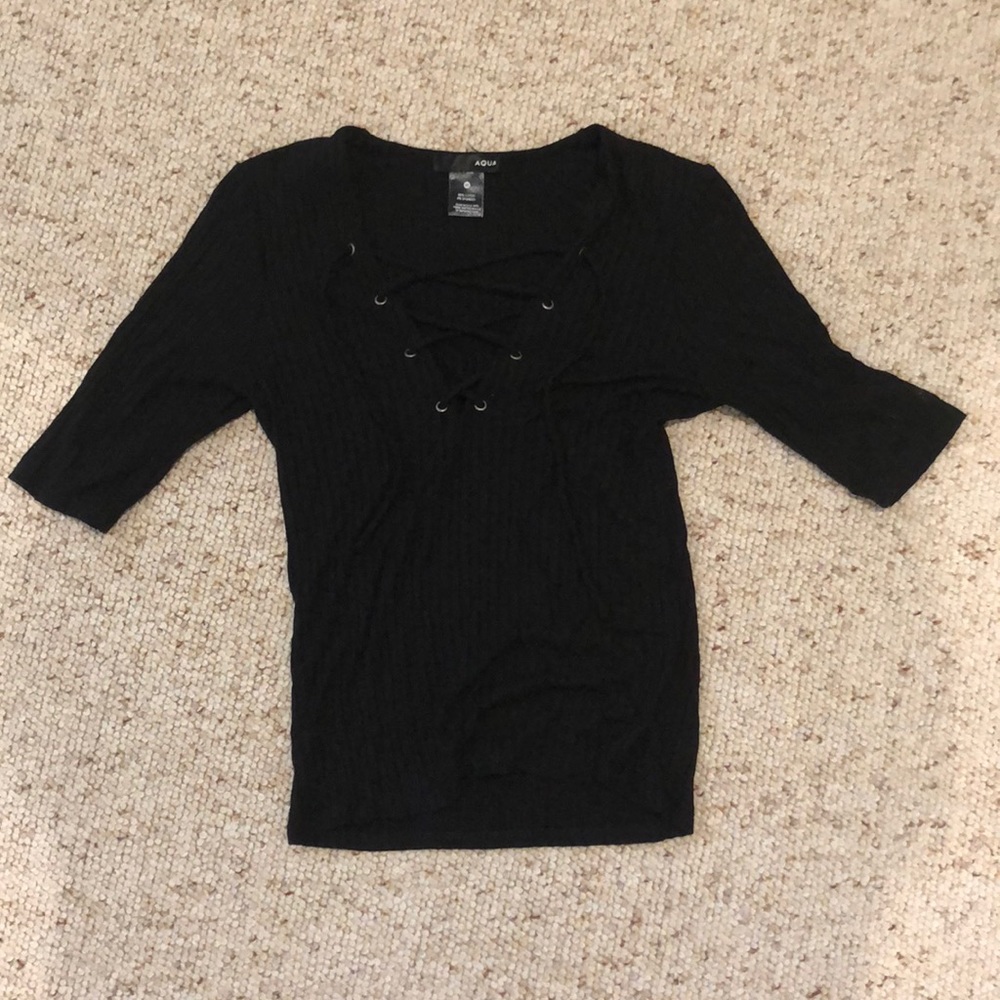 black lace up aqua shirt